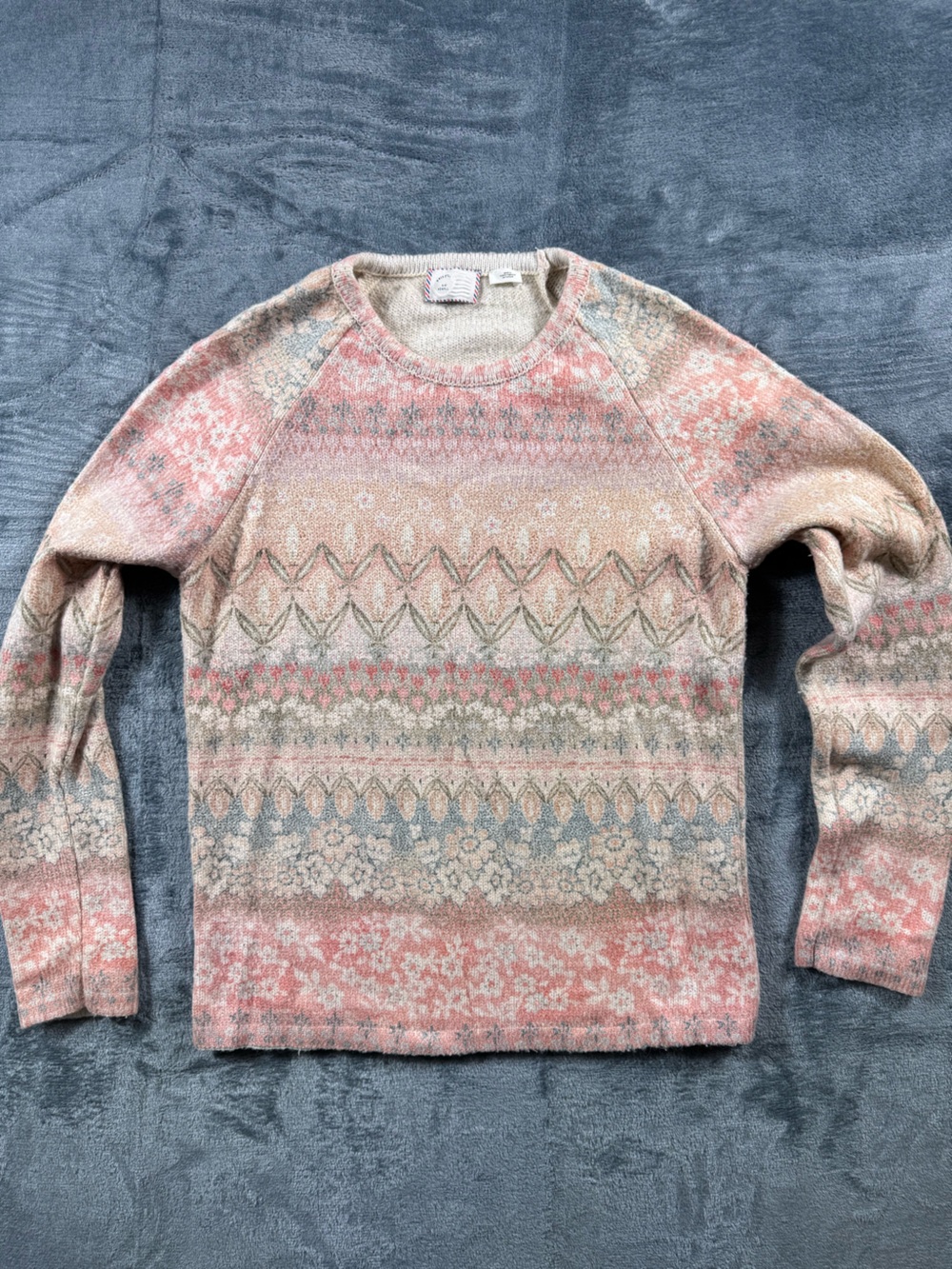 Anthropologie Postmark Pastel Floral Fair Isle Wool Blend Sweater Women XS Pink